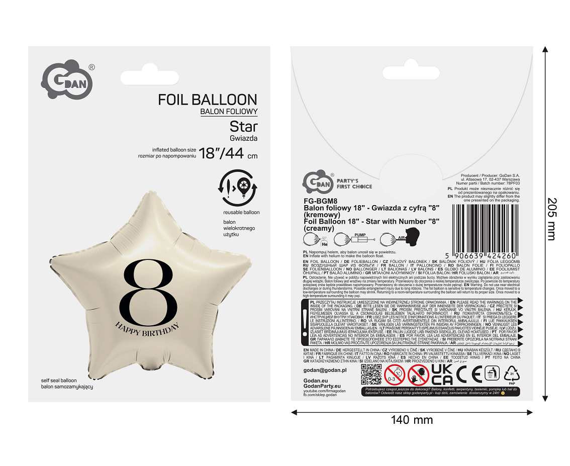 Balon foliowy 18" Gwiazda z cyfrą 8 kremowy FG-BGM8 GoDan
